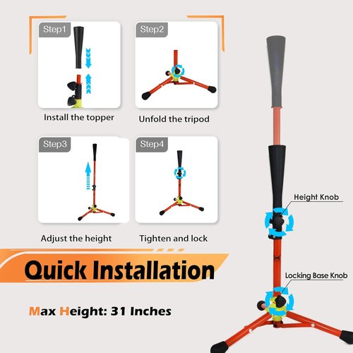 Baseball Batting Tee for Kids | Adjustable 20-31 in Tripod T-Ball Trainer with Carry Bag
