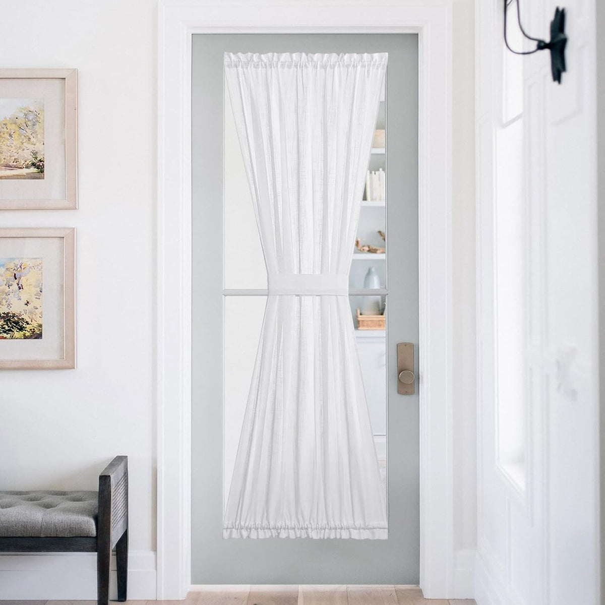 NICETOWN Lined Look Door Panel - Semitransparent Voile Window Curtain Panel Semi Sheer for Patio/Sliding Glass Door with One Bonus Tieback, 52" Width by 72" Length, White