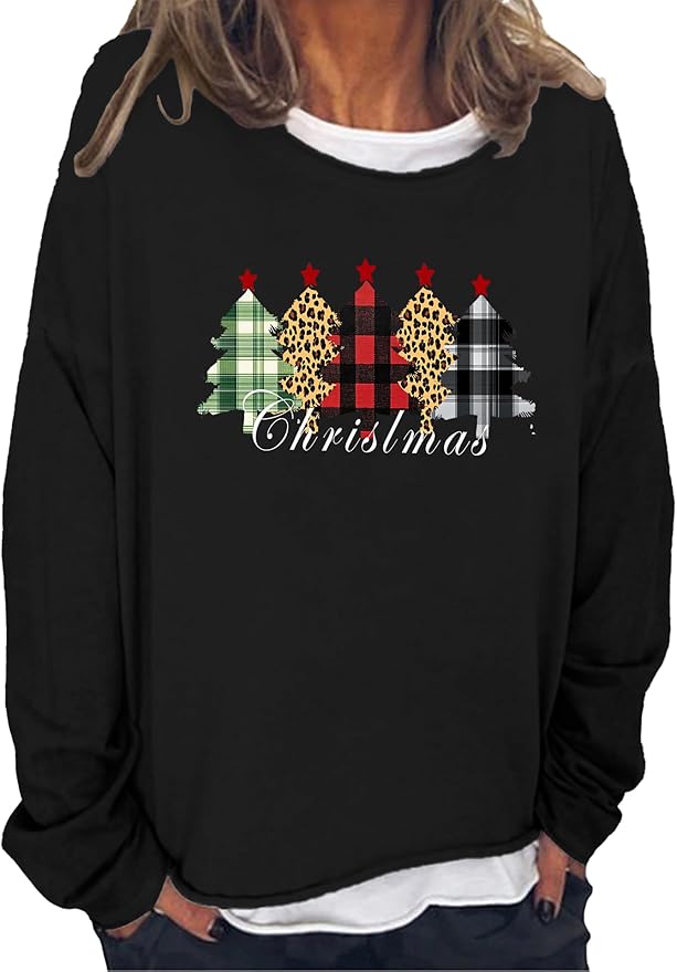 LOAIHA Merry Christmas Sweatshirt Crewneck Snowman Graphic Shirts Christmas Tree Sweater Long Sleeve Xmas Hoodie Pullover