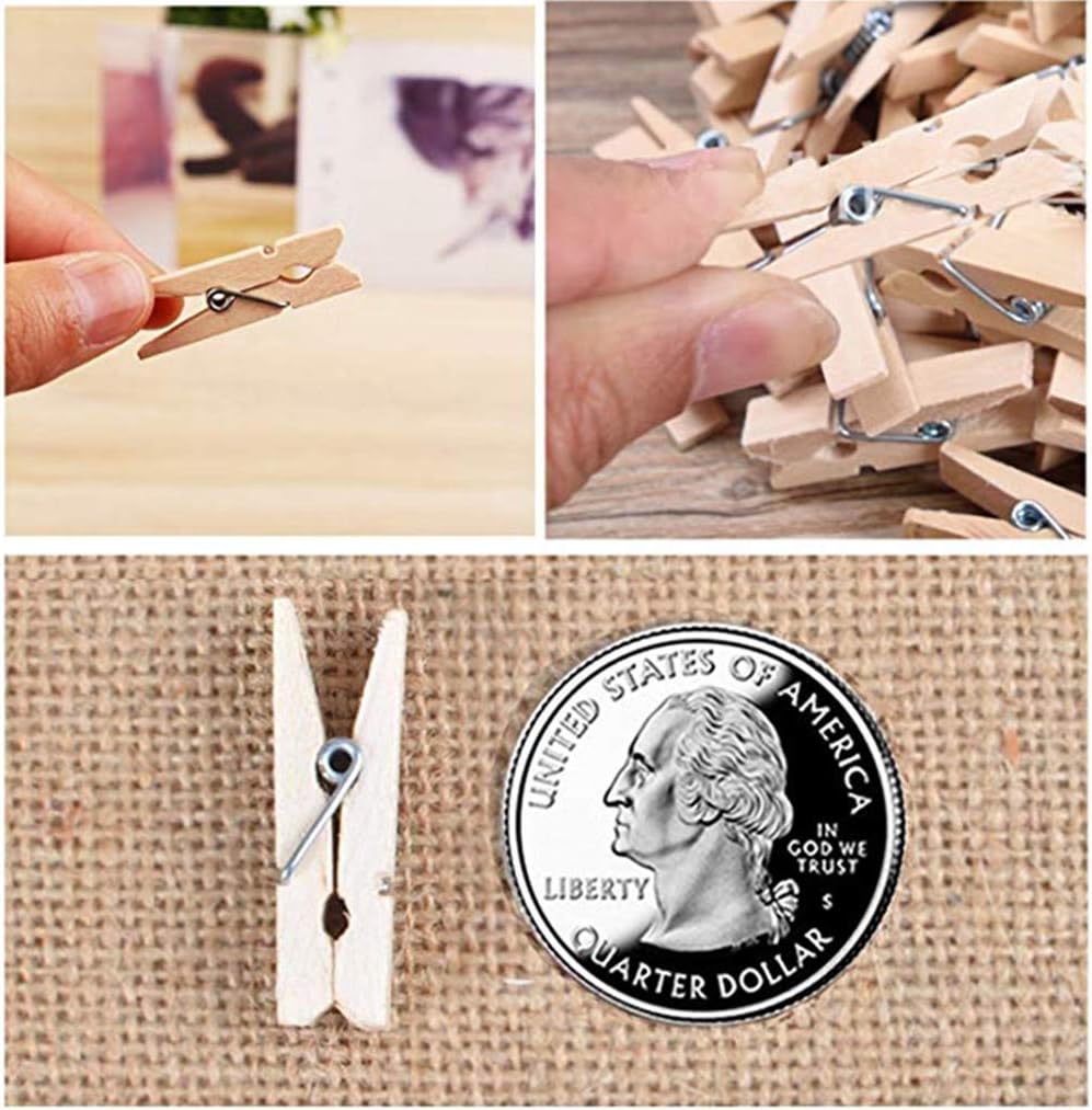 DurReus 50PCS 1.4inch Small Natural Wooden Clothespins for Pictures with Jute Twine Paper Peg Clips Photo Holders Hanging Crafts Home Wall Decor