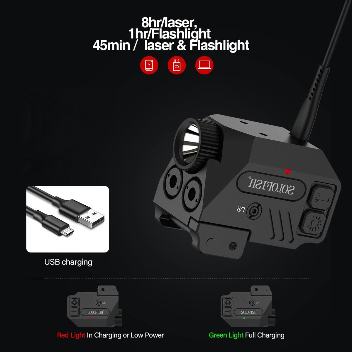 SOLOFISH Pistol Light - 500lm Rechargeable Aluminum Weapon Light with Purple/IR/Green Beam Combo