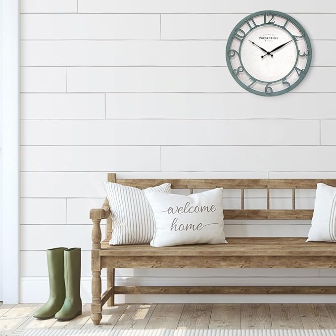 Presentime & Co 13" Farmhouse Series Wall Clock, Shiplap Style, Silent No