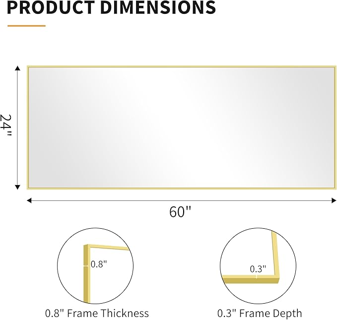 KOCUUY Large Gold Bathroom Mirror, HD Tempered Glass, Anti-Rust Frame, Modern