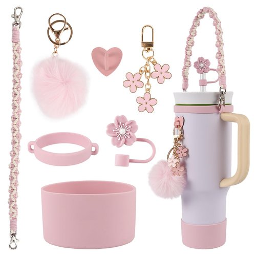 AAUP Cup Accessories Set, Includes Water Bottle Holder,Straw Cover,Silicone Boot,Pompom Ball,Daisy key-chain, Compatible with Stanley Cup16oz 24oz and 40oz (Flower pink)