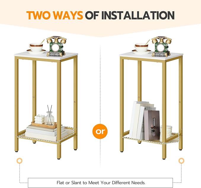 HOOBRO Tall Side Table, Industrial End Telephone Table with Adjustable Mesh Shelves, Small Tall Night Stand for Living Room, Bedroom, Entryway, Office, White and Gold DW03DH01
