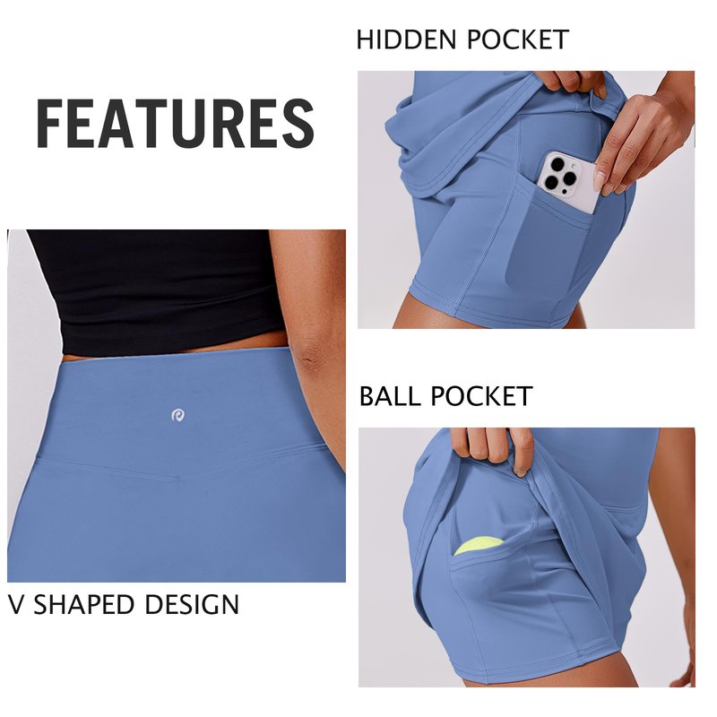 PINSPARK Skorts for Woman High Waisted Tennis Skirts with 2 Pockets Tummy Control Lightweight Performance Active Golf Skirt，Blue Small