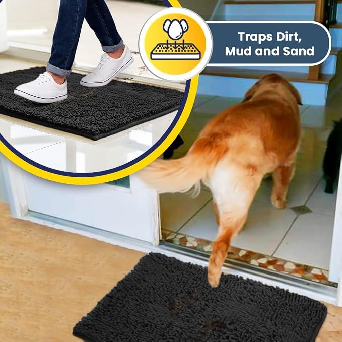 Muddy Mat® | Super Water Absorbent Door Mat Indoor, Microfiber Quick Dry Chenille Entryway Rug, Slip Resistant Front Door Mat, Indoor Mats for Entryway, Machine Washable Pet Rug, Charcoal 48"x72"