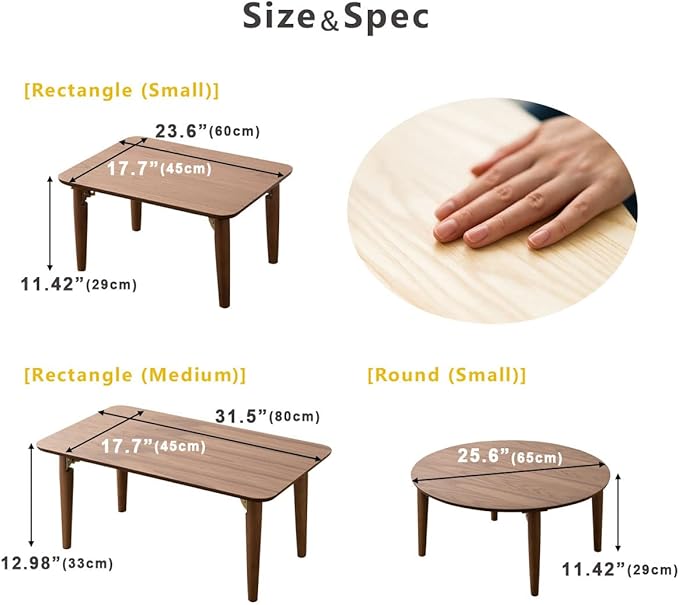 EMOOR Wood Folding Coffee Table Rectangle Medium (17.7"x31.5") Light Gray, Floor Sitting Low Table Small Space Minimalist Japanese Tatami Room