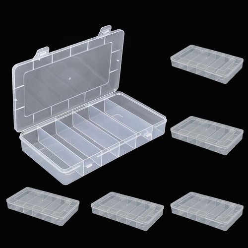 6 Pack 6 Grids Tackle Box Organizer, Clear Plastic Fishing Tackle Tray Box Board Game Storage Container Case for Crafts Beads Earrings Screws Nail Bobby Pins