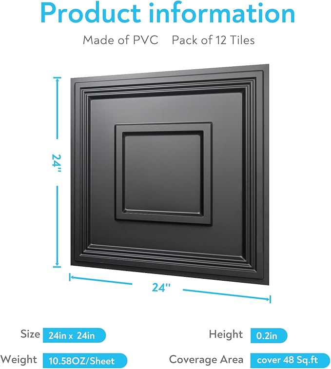 STICKGOO Black Drop Ceiling Tile 2ft x 2ft, Ceiling Panel High-Grade PVC
