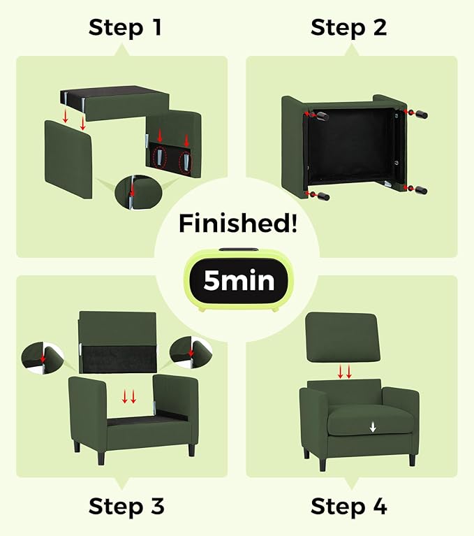 Sofa Reading Chair,33" Accent Chair for Bedroom, Tool-Free Setup Living Room Accent Chairs, Comfy Arm Chairs Living Room, All-Wood Reading Nook, Green