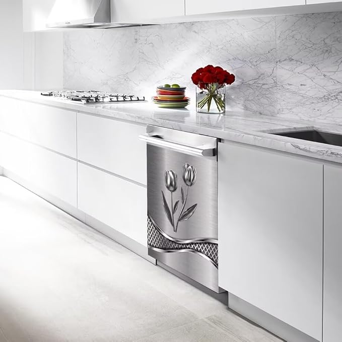 Stainless Steel Flower Painting Dishwasher Cover Decorative Magnetic Sticker Kitchen Refrigerator Covers for The Front Fridge Door Magnet 23W x 26H inchs