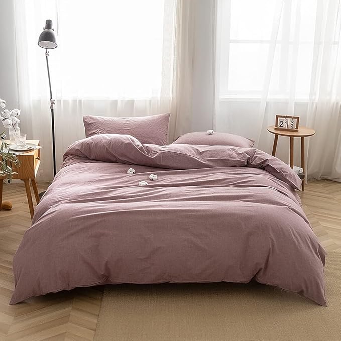 FACE TWO FACE Bedding Duvet Cover Set100% Washed Cotton Duvet Cover Linen Like Textured Breathable Durable Soft Comfy(Twin, Purple Bean Paste)