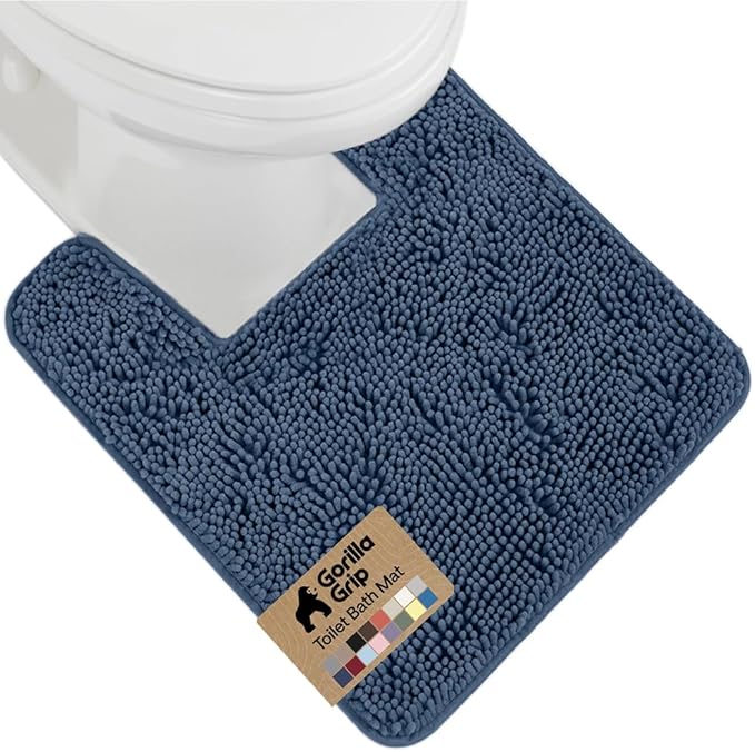 GORILLA GRIP Plush Absorbent Shaggy Chenille Bath Rug Mat for Square Toilet Base with Rubber Backing, Machine Washable Rugs, Soft Microfiber Contour Mats for Toilets, Bathroom Decor, Navy