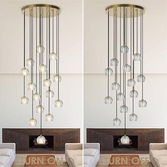 Foyer Crystal Chandelier, 16 Lights Brushed Brass High Ceiling Pendant Chandelier, Modern Cut Crystal Raindrop Entryway Lighting Fixture for Staircase