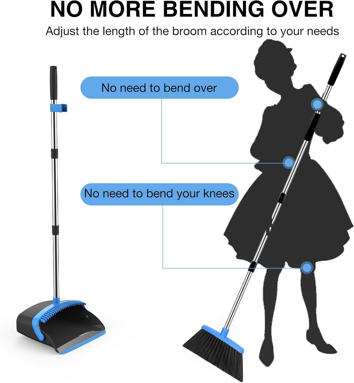 Broom and Dustpan Set, 52-in Long Adjustable Handle Broom Dustpan Combo with Dust pan Teeth to Automatically Clean Hair Suitable for Home Kitchen Office Hall Floor (Black&Blue), 4 Pack