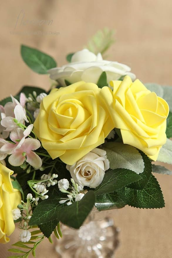 Floroom Artificial Flowers 50pcs Real Looking Canary Yellow Foam Fake Roses with Stems for DIY Wedding Bouquets Bridal Shower Centerpieces Floral Arrangements Party Tables Home Decorations