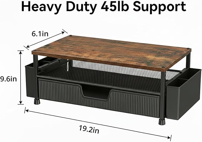 Desk Organizer and Accessories, 2-Tier Computer Monitor Stand Rise with Storage Drawer & 2 Pen Holders, Laptop & Printer Stand for Desktop, Workspace Organizers for Office Supplies (Brown)