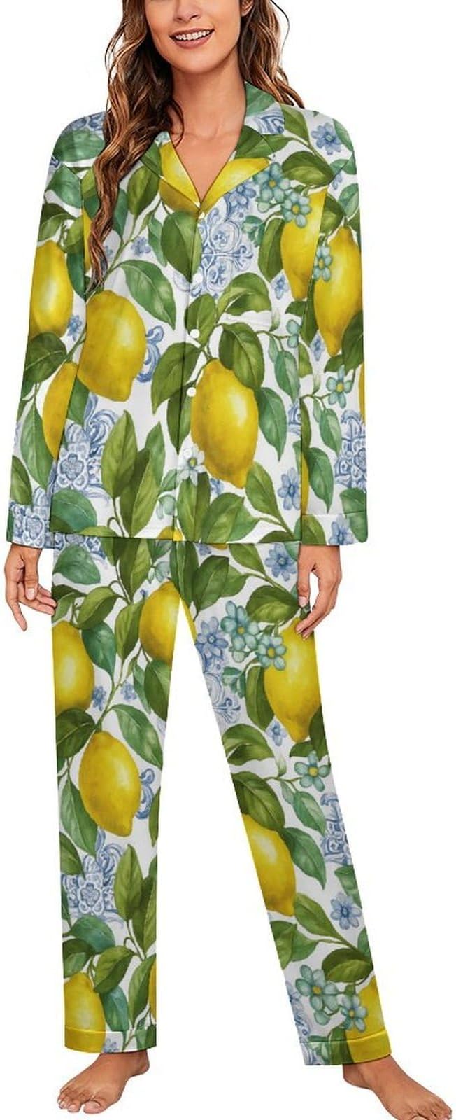 Lemons Leaves Ceramic Style Womens Pajama Set Long Sleeve Pajamas Top And Pants Soft Loungewear Pjs Sets