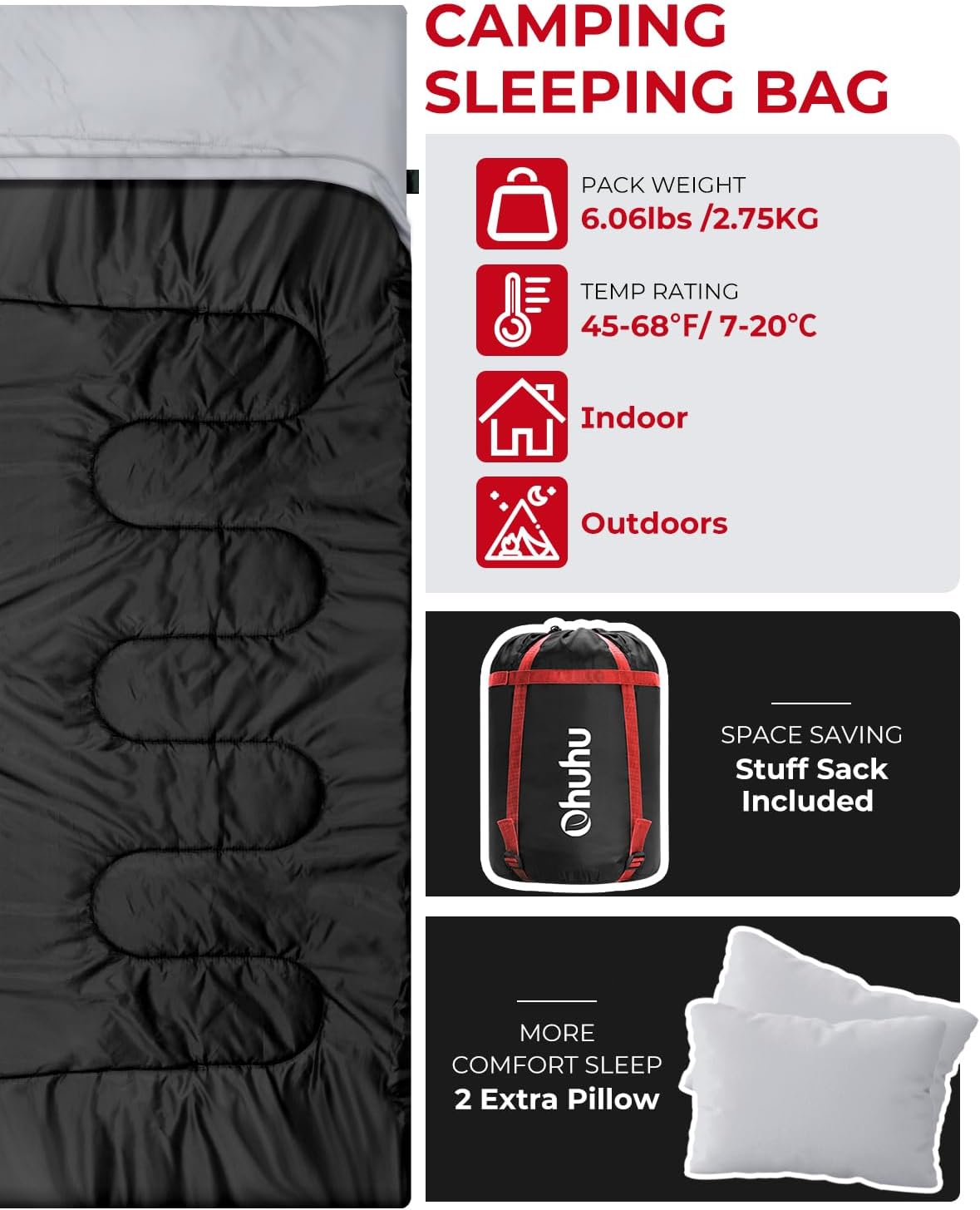 Queen Size Ohuhu Double Sleeping Bag for 2 - 3 Season Waterproof Camping with 2 Pillows, 87'' x 60''