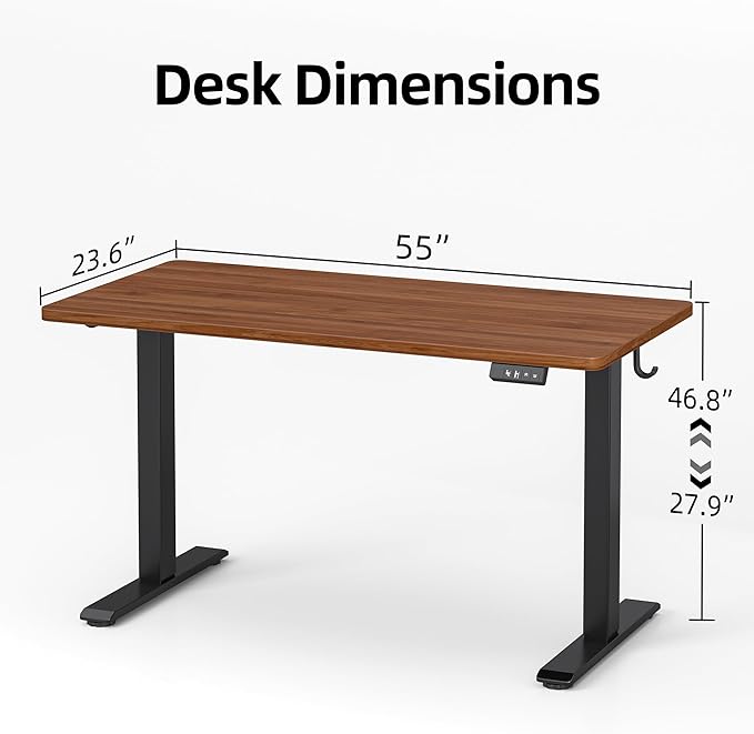 TIQLAB Electric Standing Desk, Adjustable Height Stand up Desk, 55 * 24 Inches Sit Stand Home Office Table with Splice Board, Black Walnut