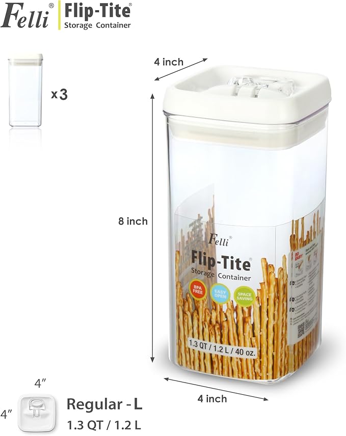 Felli Flip Tite Food Storage Container with Lid Airtight 4" Ring Seal Flip Top, Stackable Acrylic Canister Jar for Pantry Kitchen Counter, Snack Coffee Bean Granola Pet Treats Cracker Holder (1.3 qt)