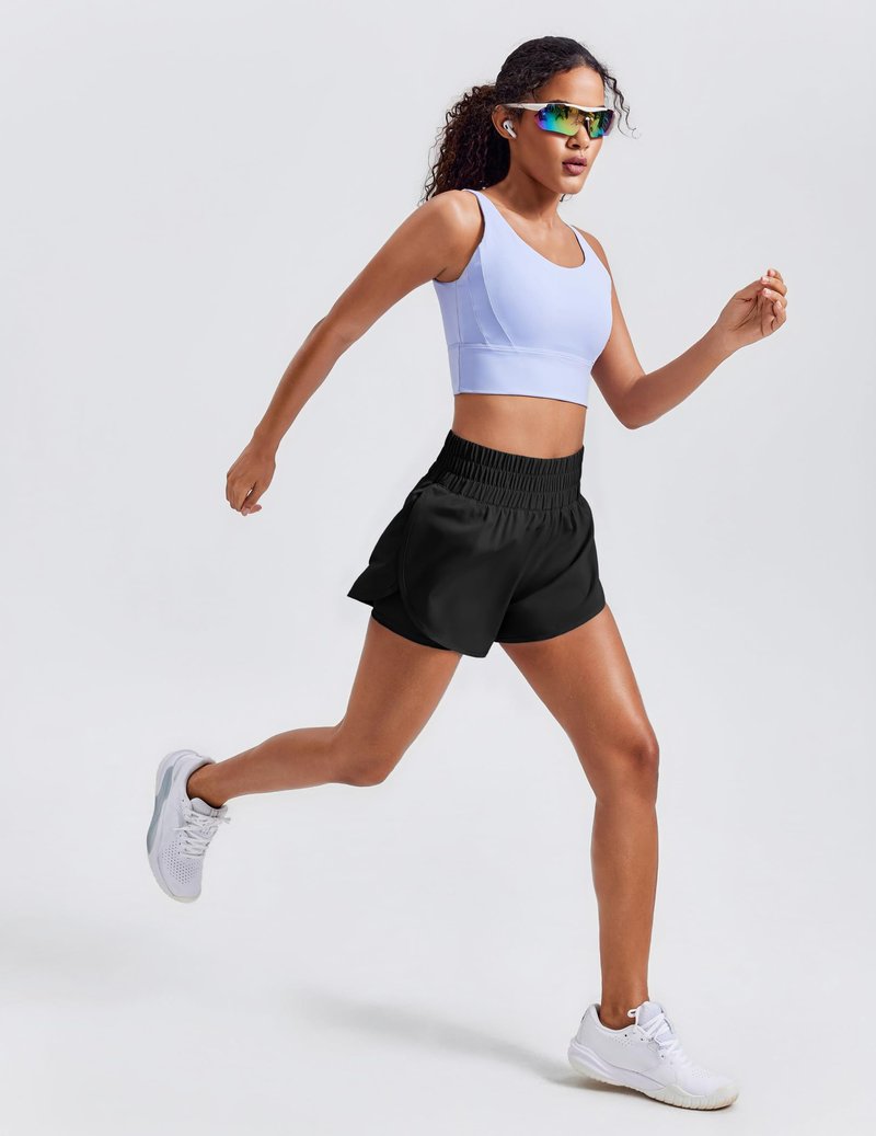 PINSPARK Women 2 in 1 Running Athletic Shorts High Split Dolphin 3 Inch Gym Shorts Quick-Dry Workout Active Sports Shorts with Liner and Pockets, Black Medium
