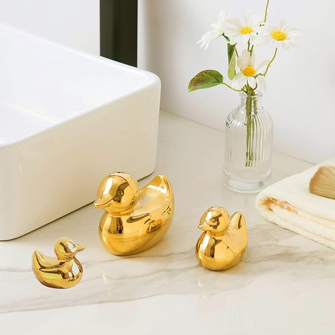 Golden Ceramic Duck Figurines，Home Decor Animal Sculptures and Statues Handmade Artware Decor,Mini Duck Sets 3 PCS