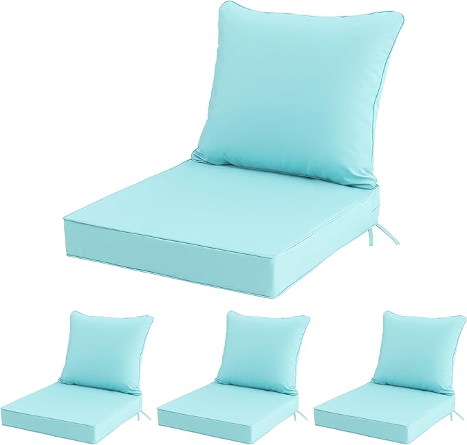 24x24 Inch Outdoor Chair Cushions Set of 4, Patio Furniture Cushions - Removable Cover, Water-Repellent, Fade-Resistant, Non-Slip Bottom & Straps, Replacement for Deep Seat Sofa & Couch - Light Blue