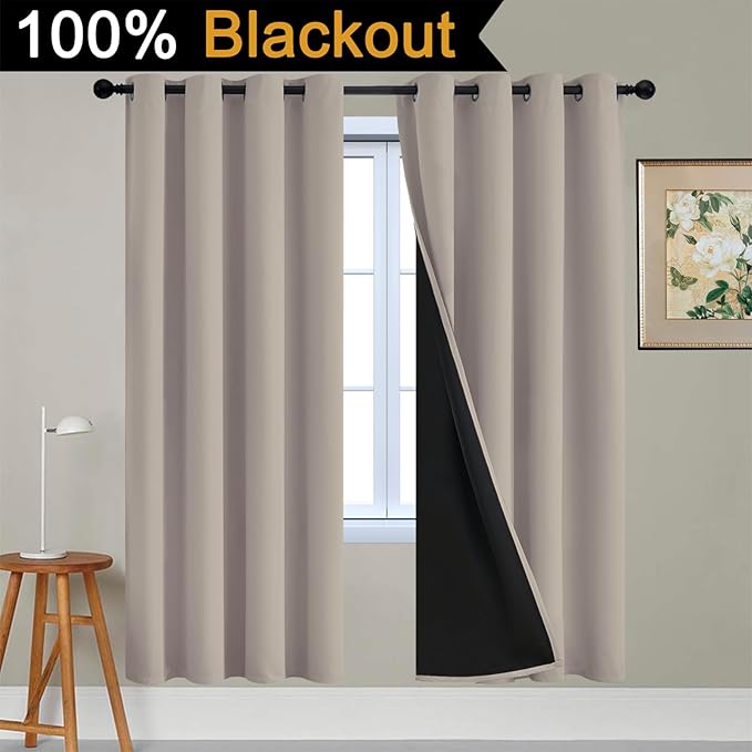 Yakamok 100% Blackout Curtains 72 Inches Long, 2 Thick Layers Heat and Full