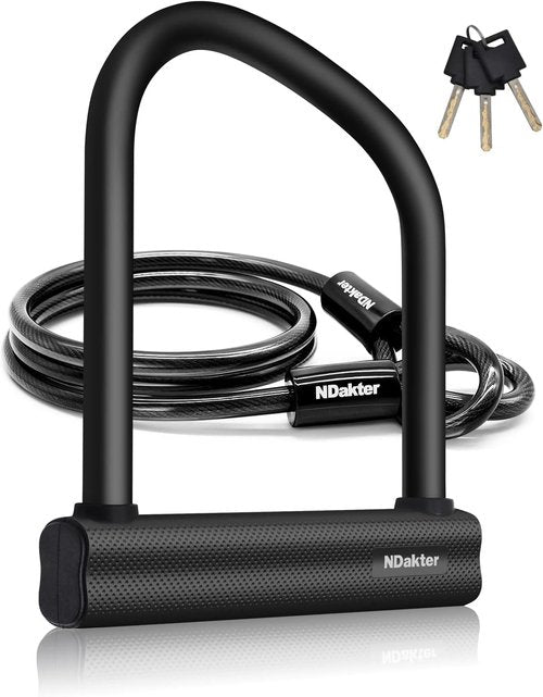 NDakter Bike Locks Heavy Duty Anti Theft, Bicycle U Lock for Ebike, 18mm Shackle, 6FT Steel Security Cable with 3 Keys for Electric Escooter, Motorcycle, Moped, Dirt-Bike, Tri-Bike Wheel Lock Sturdy