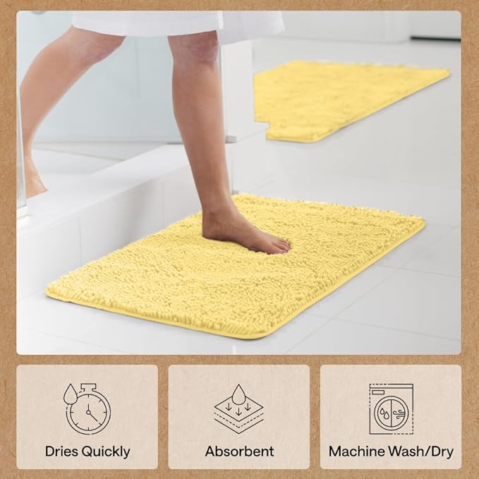 GORILLA GRIP Bath Rug Mat 36x24, Thick Soft Absorbent Chenille, Quick Dry Microfiber Mats, Rubber Backing Washable Shower Floor Rugs, Bathmat Runner, US Designed Bathroom Home Decor Accessories Yellow