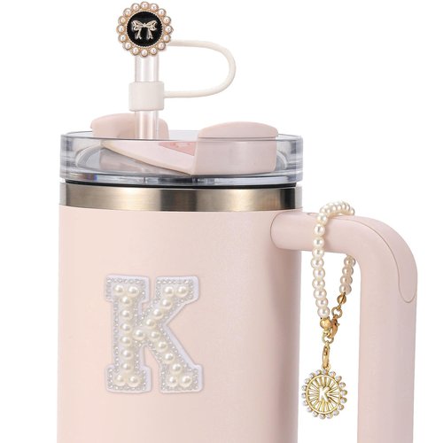 3PCS Cup Accessories Compatible with Stanley - Straw Cover for 30&40 Oz Tumbler 10mm Silicone Straw Topper, Initial Charms Chain for Handle and Letter Sticker Decorations-K