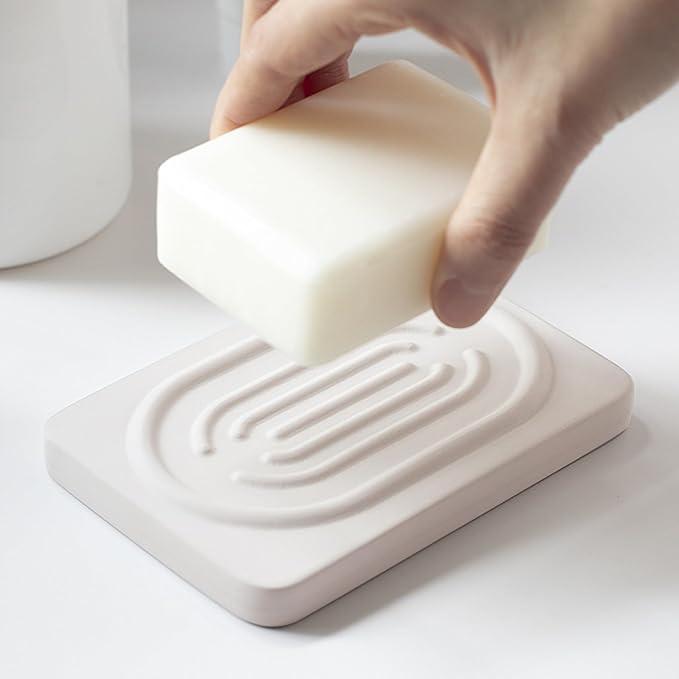 Diatomite Soap Dish for Kitchen Organizer, Quick Dry Sink Caddy Holder for Sponge, Brush, Toothbrush - Fast Absorbing Stone Tray (Beige, 4.8" x 3.1")
