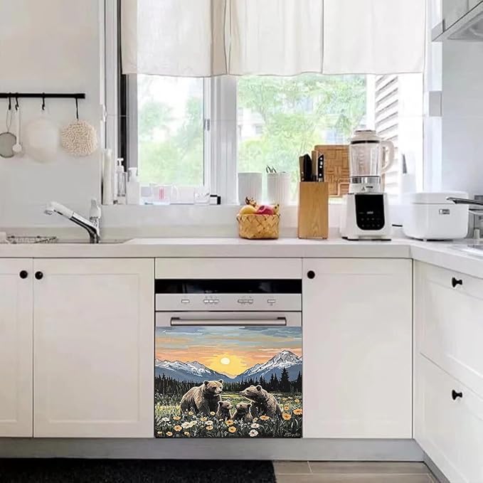 Dishwasher Magnet Cover Panel Sunset Garden Bears Refrigerator Magnetic Stickers Oil Painting Style Brown Bear Magnetic Dishwasher Decals for Home Kitchen Decor 23" x 17"(Magnetic)
