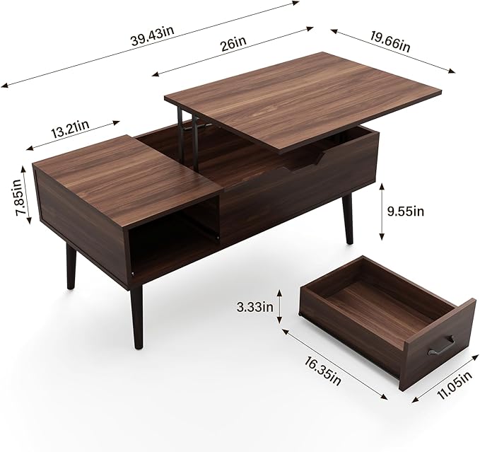 HAIOOU Lift Top Coffee Table with Storage, Mid Century Modern Coffee Tables with Drawer for Living Room,Walnut Rectangular Center Table with Pine Leg Anti-Scratching, Home, Office