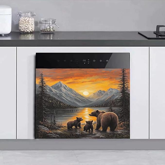 Lake Sunset Reflection Brown Bear Dishwasher Magnet Cover, Creative Kitchen Appliances Panel Decorate Refrigerator Front Door Magnets Decals 23" W x 17" H