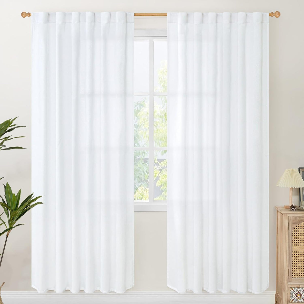 YoungsTex White Linen Curtains 78 Inch Length for Living Room, Light Filtering Semi Sheer Window Drapes Rod Pocket Back Tab Curtain for Bedroom Dining Room Rustic, 2 Panels, 52 X 78 Inch