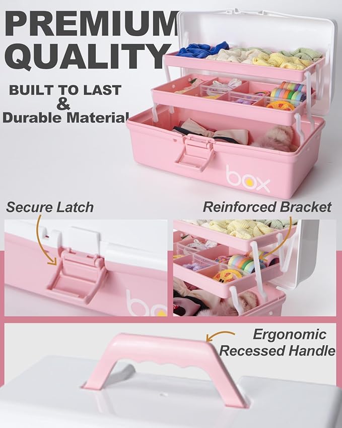 12in 3-Layer Plastic Craft Organizers and Storage, Portable Folding Tackle Box with Handle & Adjustable Dividers, Multipurpose Case for Sewing, Art Supplies, Medicine, Tools (White Pink)