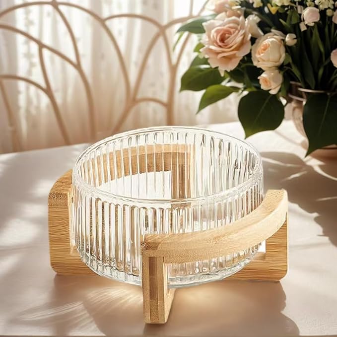 Glass Salad Bowl with Bamboo Base-4QT Party Serving Set with Utensils, Durable Calcium Glass & Rustic Wood Stand for Entertaining, Dishwasher-Safe Fruit Vegetable Mixing Bowl