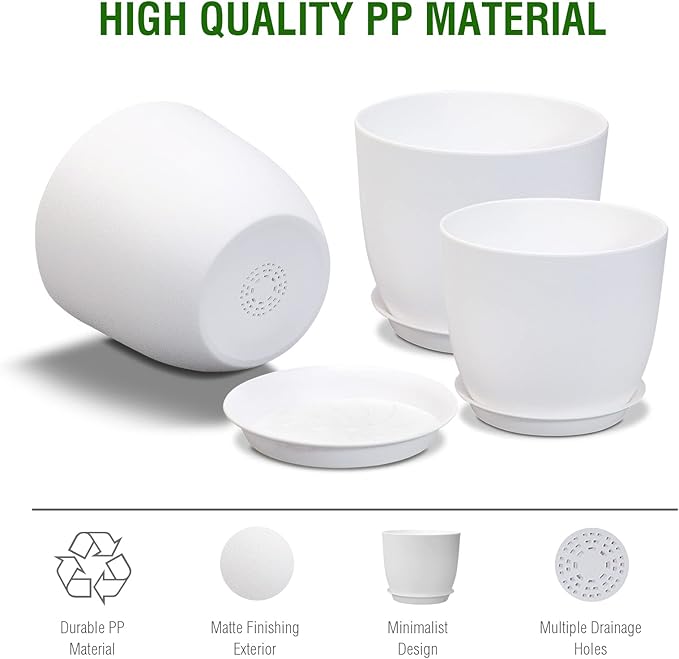 12/10/9 Large Modern Plant Pots, Plastic Planters with Drainage Holes and Saucers for Indoor Outdoor Plants Flowers, White
