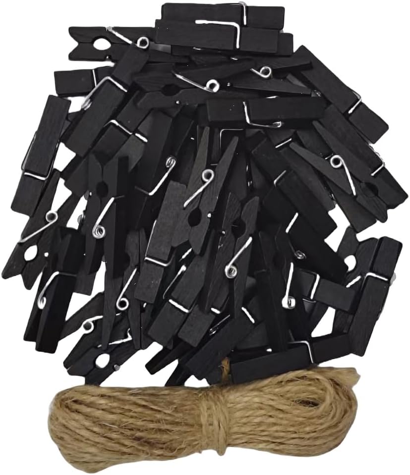 DurReus Wood Clothespins to Hang Photos School Projects 1.5 Inch Clothes Clips with Jute Twine Black Pack 50