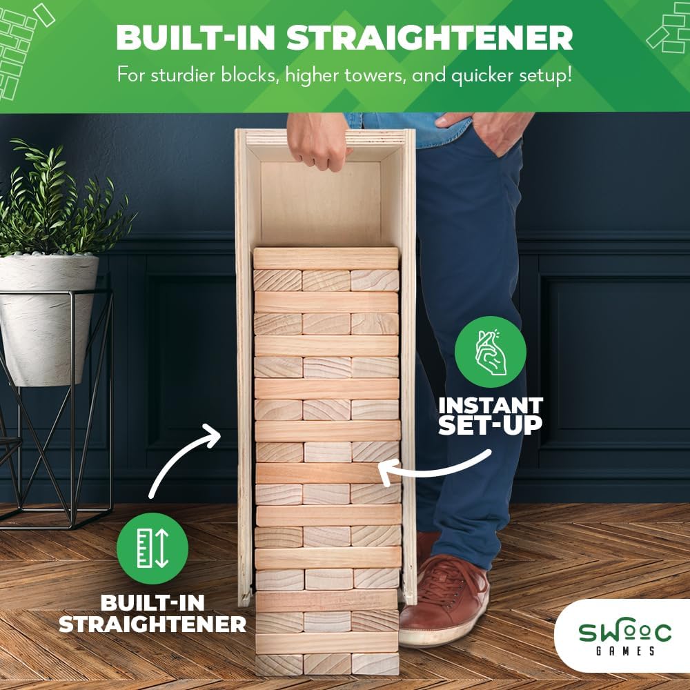 SWOOC Games® - Giant Tower Game | 3-in-1 Straightener, Table & Storage Box - Grows Up to 6ft