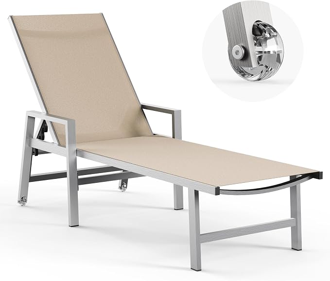 Vexwalx Patio Chaise Lounge Chair Outdoor with Wheels&Armrests, Aluminum Pool Lounge Chairs 5-Position Adjustable Recliner, Outdoor Beach Lounge Chairs for Poolside, Patio, Deck, Yard, Khaki