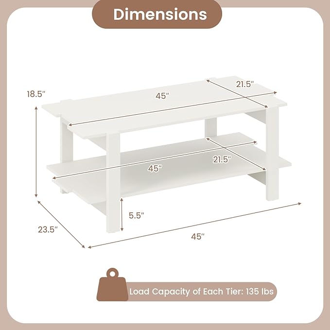 Giantex Coffee Table with Storage, 45 Inch Modern Center Table with Slatted Design & Side Rail Support, Rectangular Living Room Table for Small Spaces, White