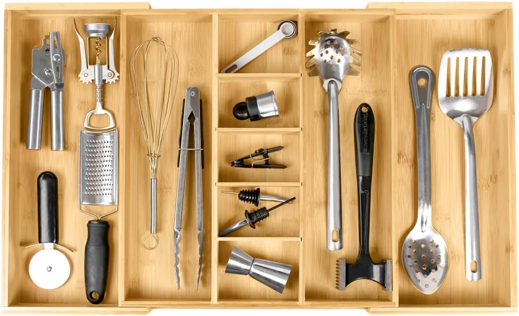 KitchenEdge Adjustable Kitchen Drawer Organizer for Utensils and Junk, Food-Safe Contract Grade with 100% Sustainable Wood, Expandable from 16 to 28 Inches Wide - Natural Bamboo