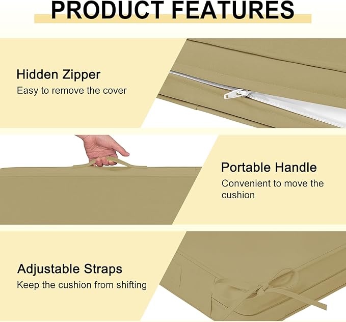 downluxe Waterproof Outdoor Chair Cushions for Patio Furniture, 22" x 22" x 3" Patio Chair Cushion with Adjustable Ties & Portable Handle, Square Outdoor Cushion with Removable Cover, Khaki, 2 Pack