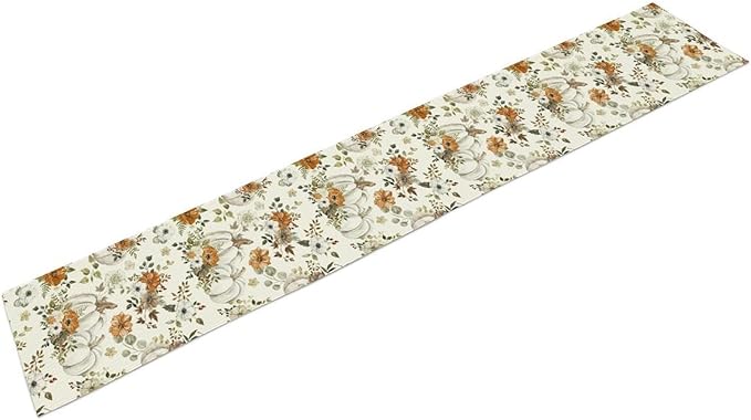 Fall Pumpkin Table Runner Rustic Floral Watercolor Plants White Vegetables Flowers Pastoral Theme Home Decor for Farmhouse Indoor Outdoor Party Holiday Dining Kitchen Restaurant Cafe W13xL36in