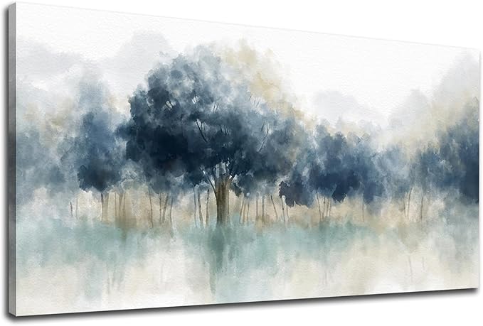 Foggy Forest Canvas Wall Art - Indigo Blue Abstract Trees Pictures for Wall Decor Nature Canvas Painting Modern Printing Artwork for Living Room Bedroom Home Office Wall Decoration 24" x 48"