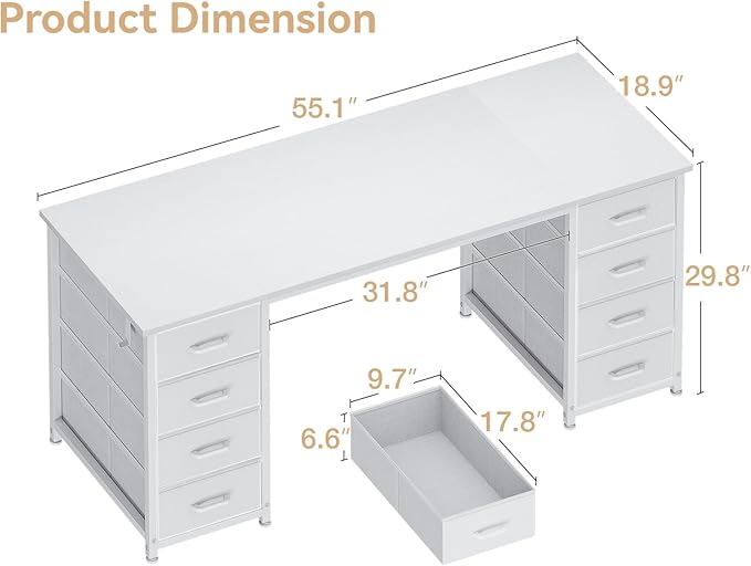 Casaottima 55 Inches Computer Desk with 8 Fabric Drawers, Modern Office Desk with Large Storage for Home Office, Study, White